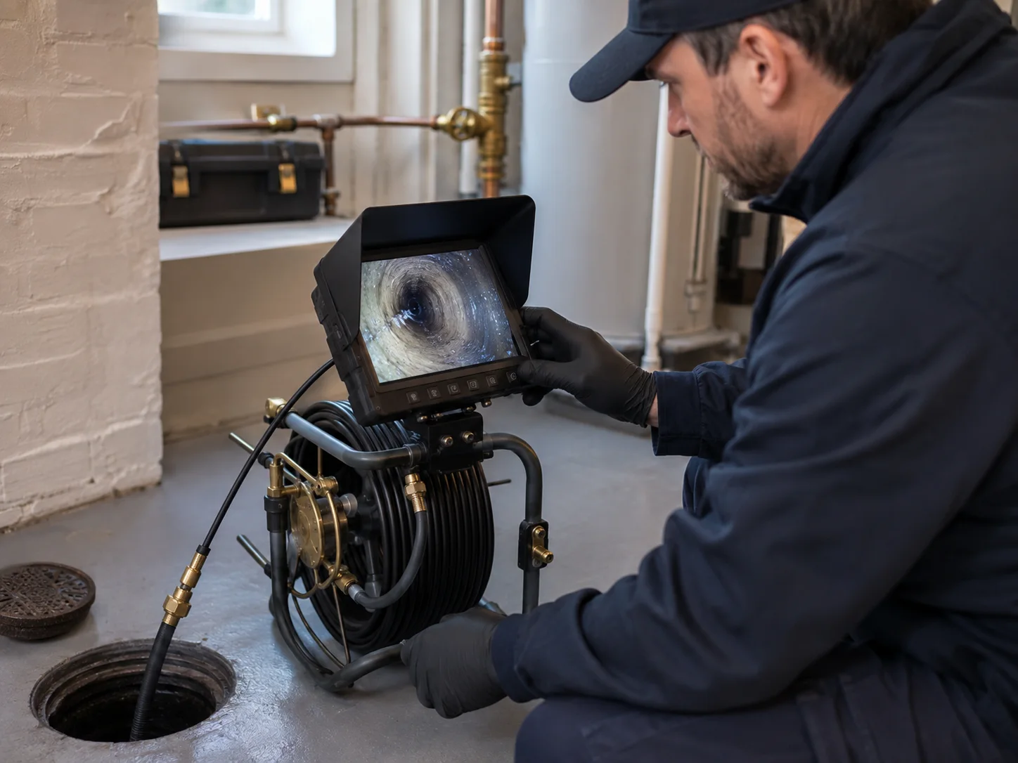 Drain camera monitor showing an interior pipe inspection
