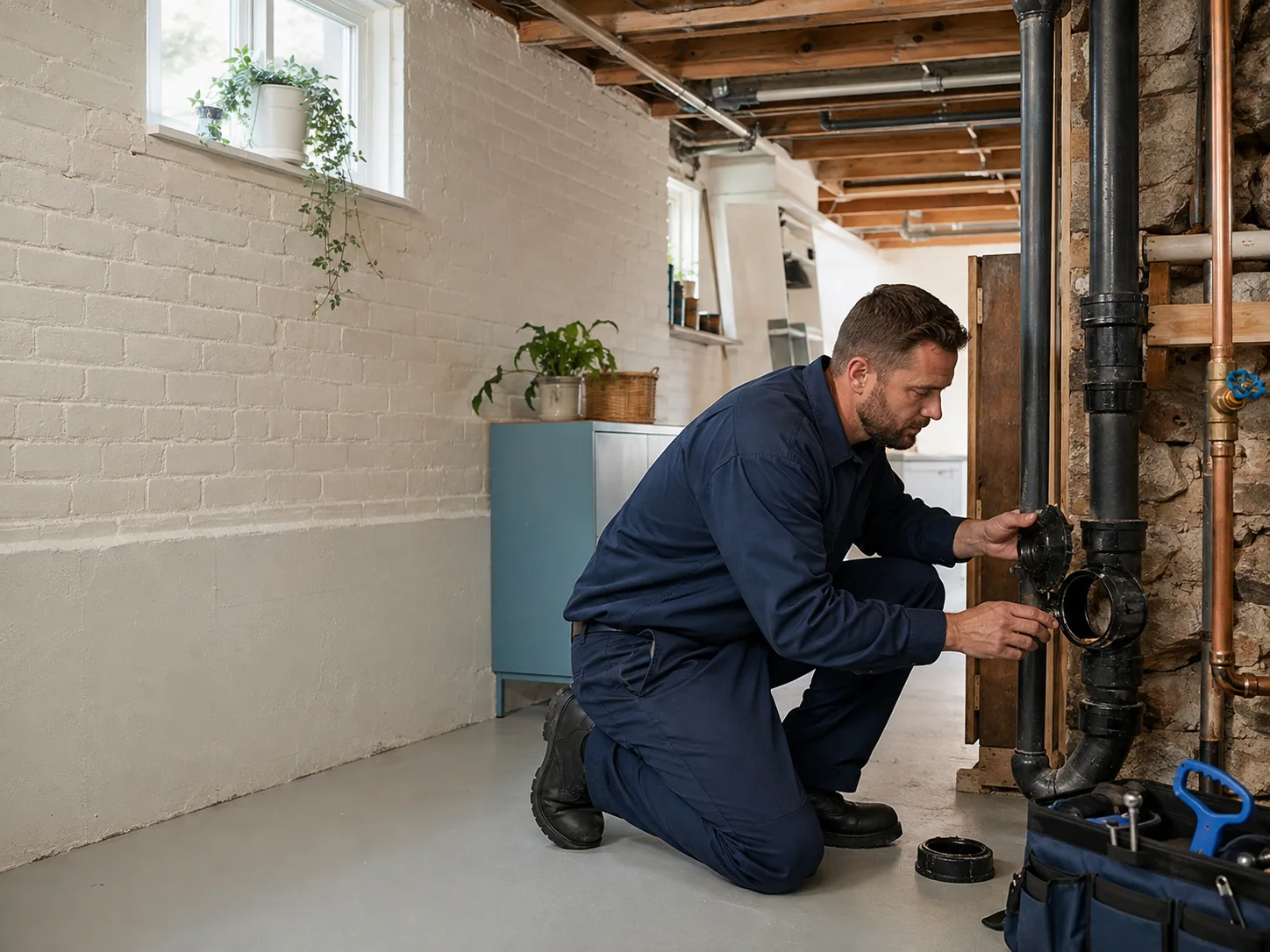 Toronto plumber inspecting a basement cleanout beside exposed drainage pipe