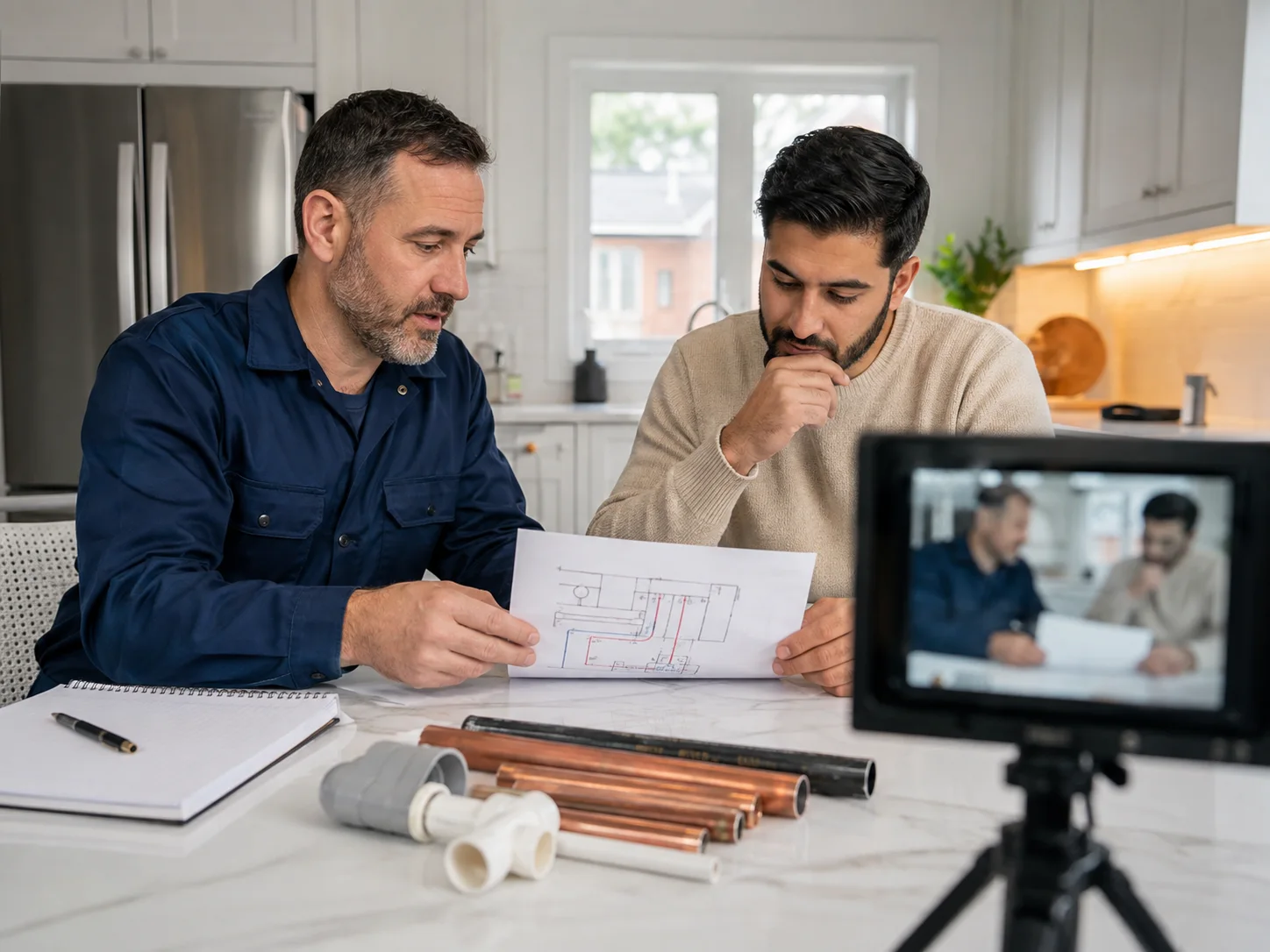 Plumber reviewing a drain camera recording and pipe route notes